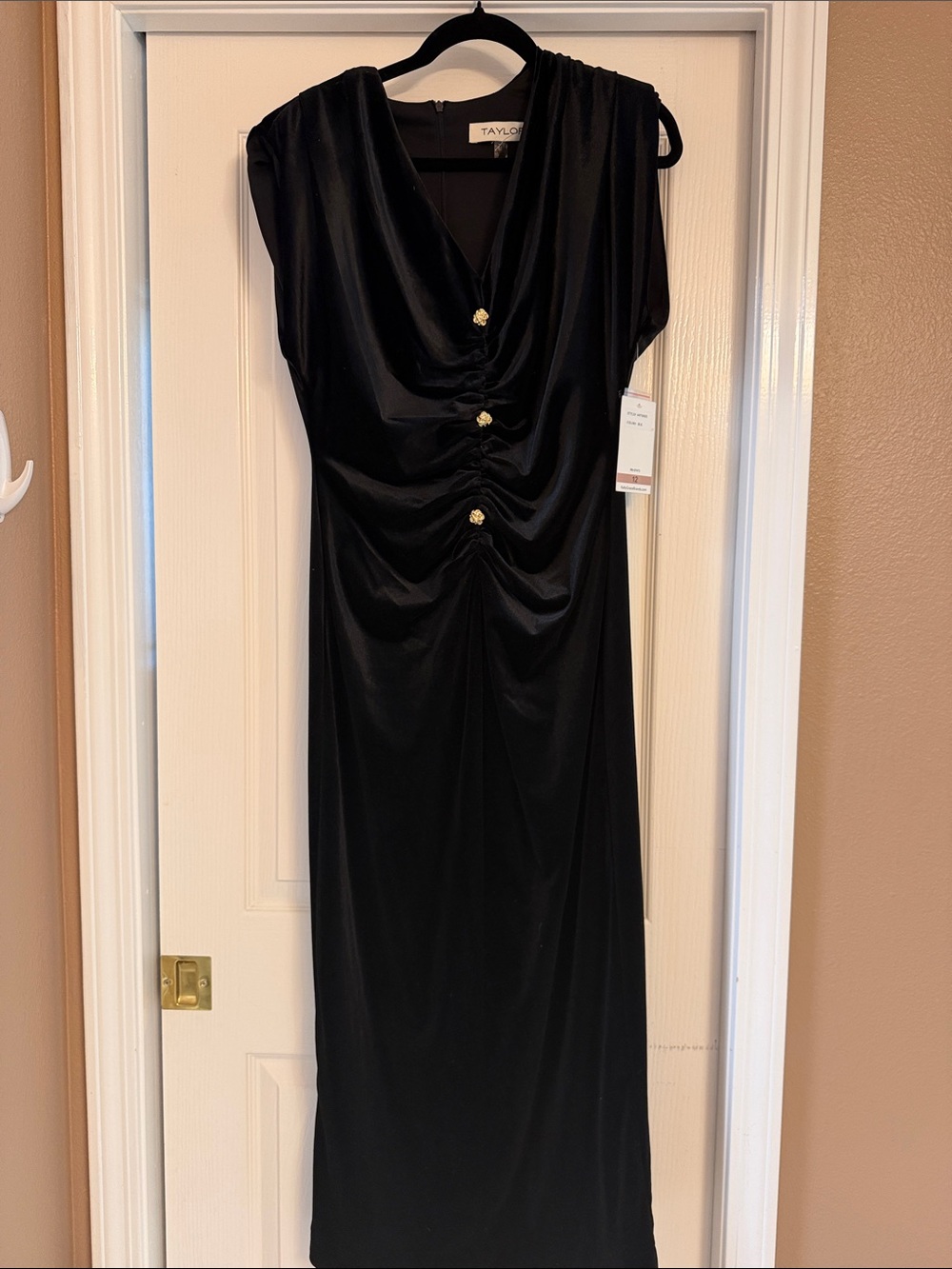 Taylor Black Ruched Maxi Dress with Gold Buttons